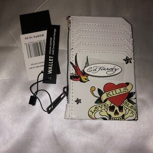Ed Hardy White Faux Leather Card Wallet Love Kills Slowly & Tattoo Print NWT